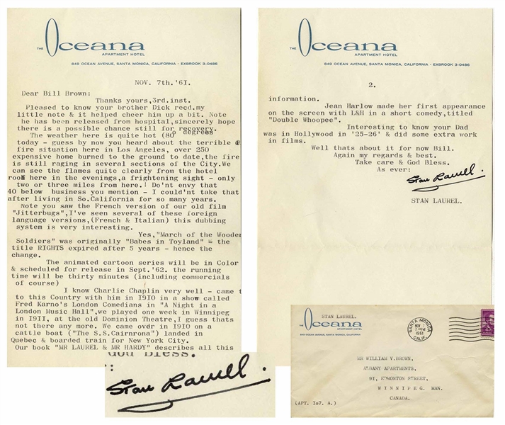 Stan Laurel Letter Signed -- ''...I know Charlie Chaplin very well...'MR LAUREL & MR HARDY' describes all this...Jean Harlow made her first appearance on the screen with L&H...''